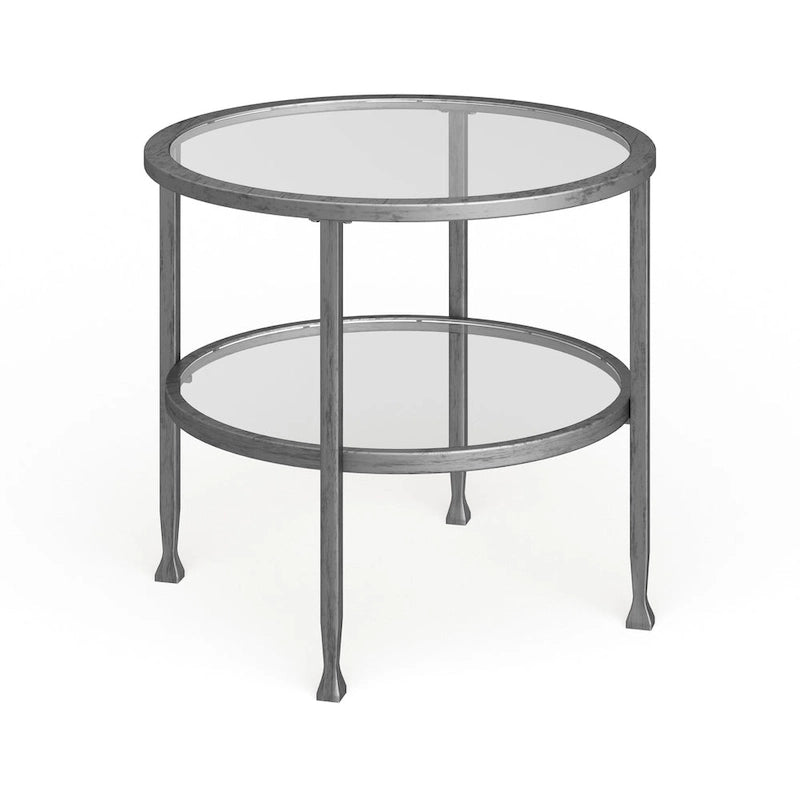 Silver Round Side Table with Shelf, Iron & Glass
