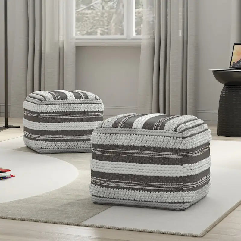Natural / Grey Handloom Woven Square Pouf – 1-Person Seat & Footstool