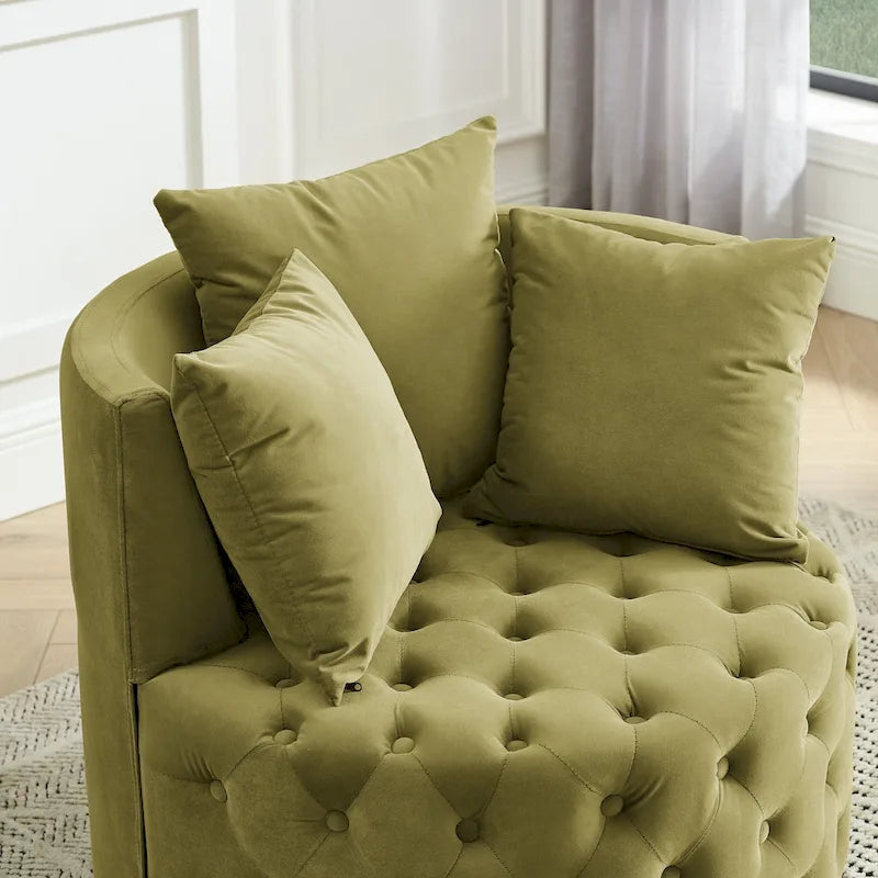 Living Room Velvet Swivel Chair with Button Tufted Design, 3 Pillows & Movable Wheels
