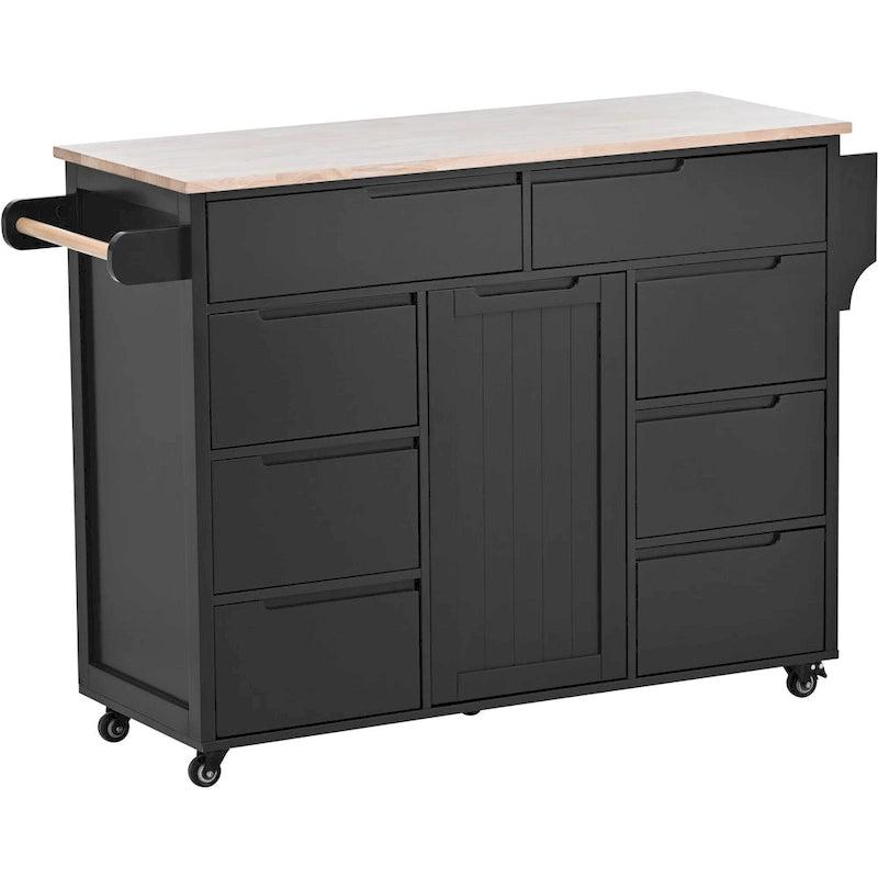 Kitchen Island Cart with Rubber Wood Top and Locking Wheels