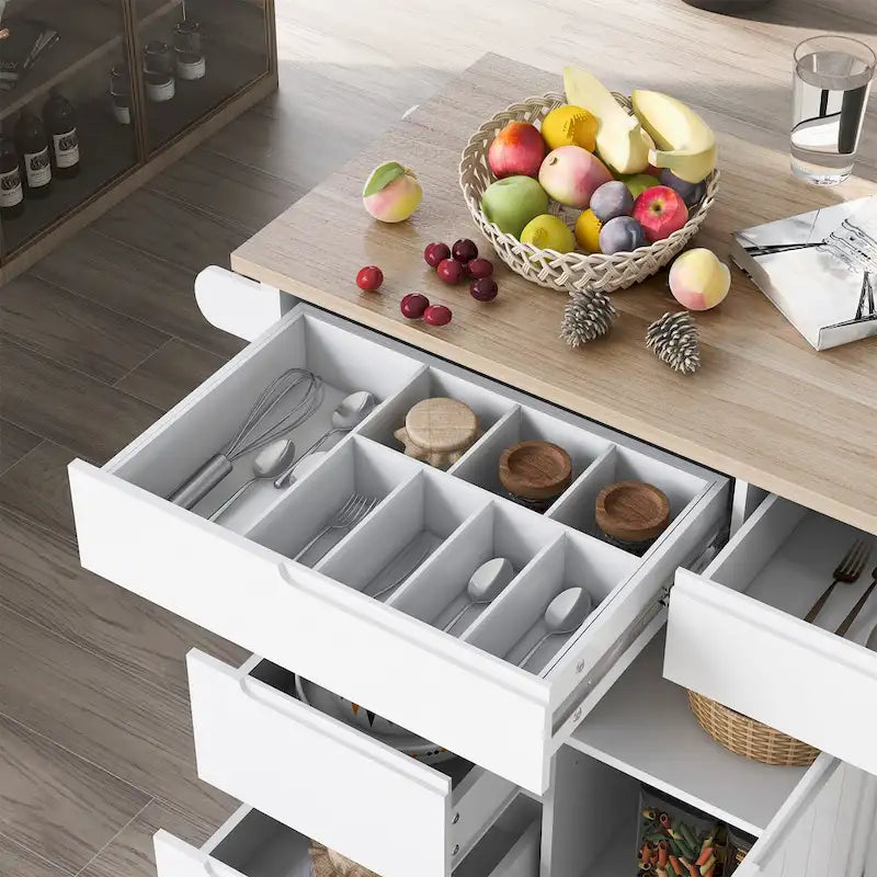 Kitchen Island Cart with Rubber Wood Top and Locking Wheels