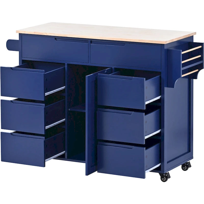 Kitchen Island Cart with Rubber Wood Top and Locking Wheels