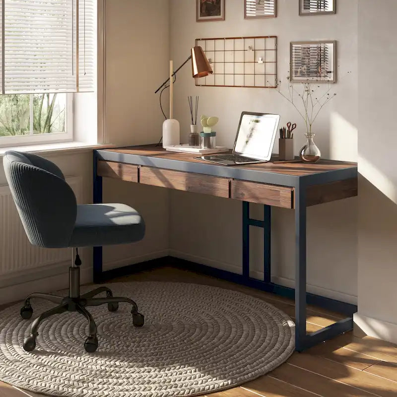 Solid Acacia Wood Industrial Desk – Distressed / Farmhouse, 1-Person