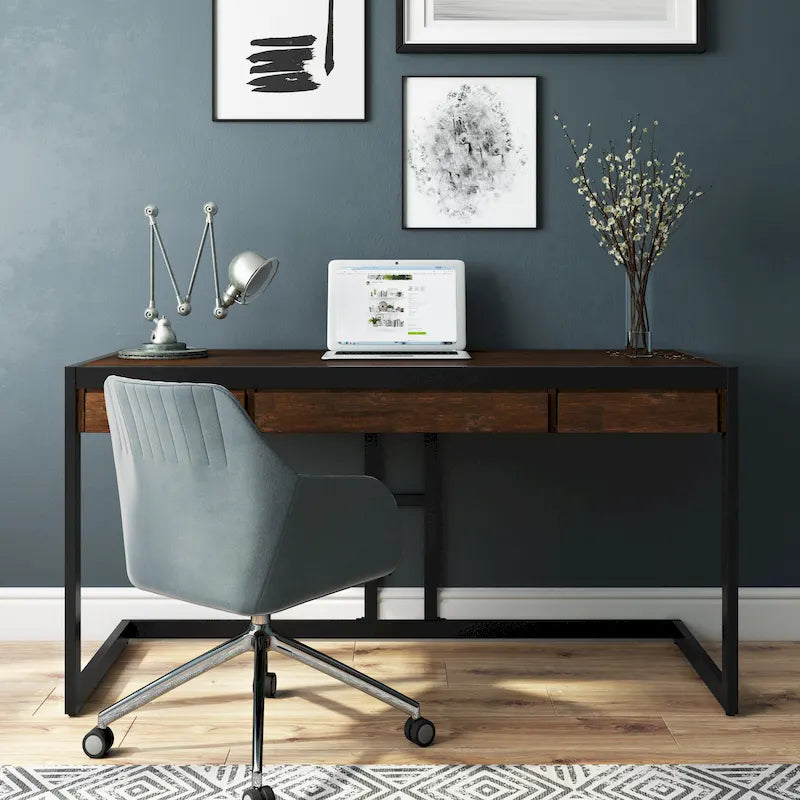 Solid Acacia Wood Industrial Desk – Distressed / Farmhouse, 1-Person