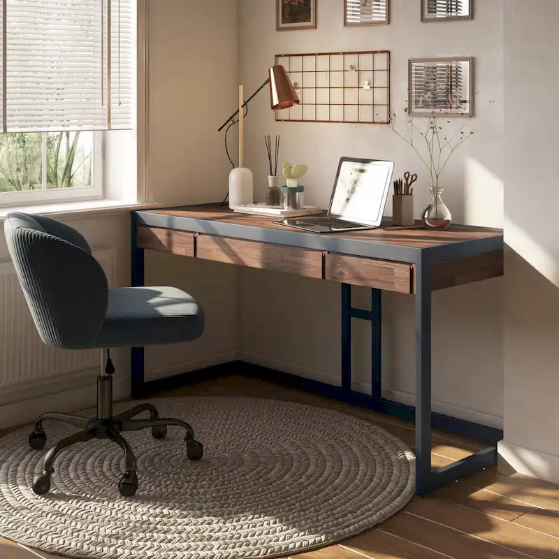 Solid Acacia Wood Industrial Desk – Distressed / Farmhouse, 1-Person