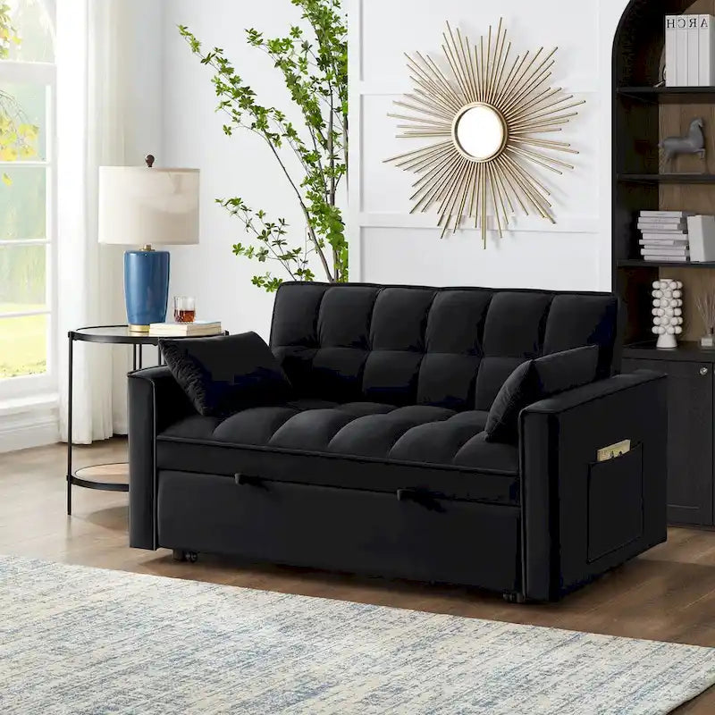 Rozkładana sofa dwuosobowa 4 w 1 z podłokietnikami i kieszeniami do przechowywania, wielofunkcyjna pikowana sofa z regulowanym oparciem