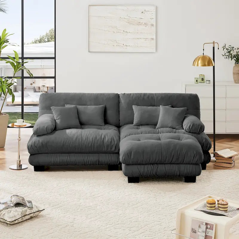 Narożna sofa dwuosobowa w kształcie litery L z tapicerką chenille i poduszkami lędźwiowymi