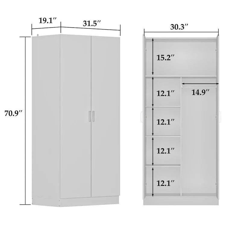 Armoire à deux portes autoportante pour chambre avec tringle à vêtements
