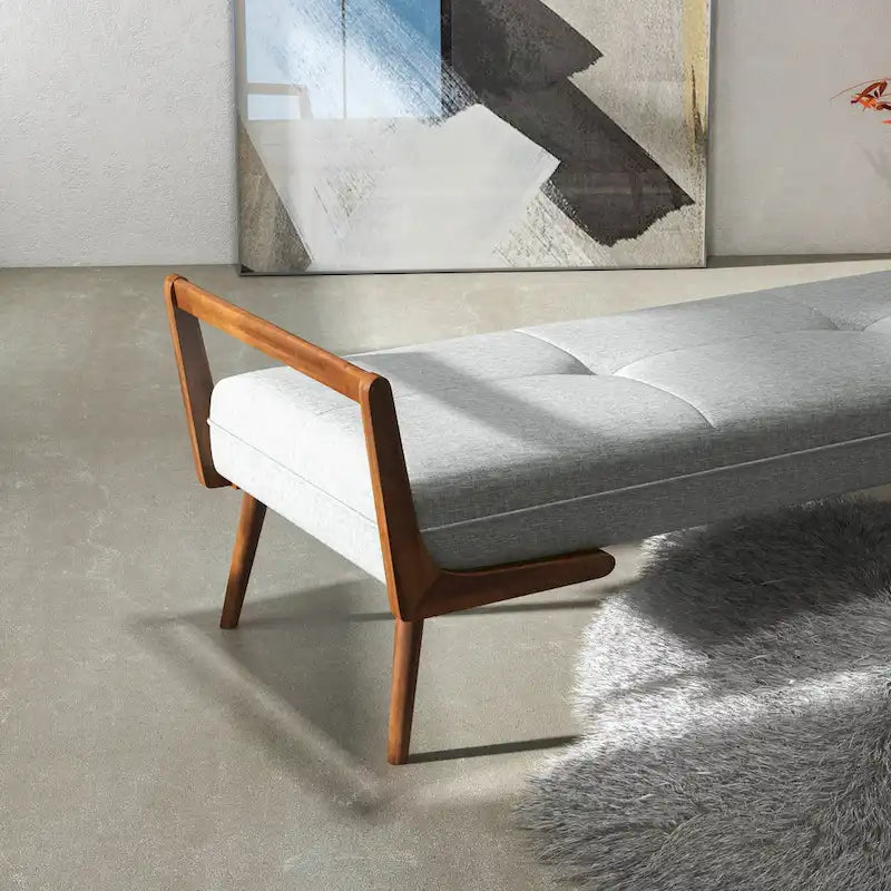 Donatello Mid Century Modern Fabric Upholstered Bench in Grey