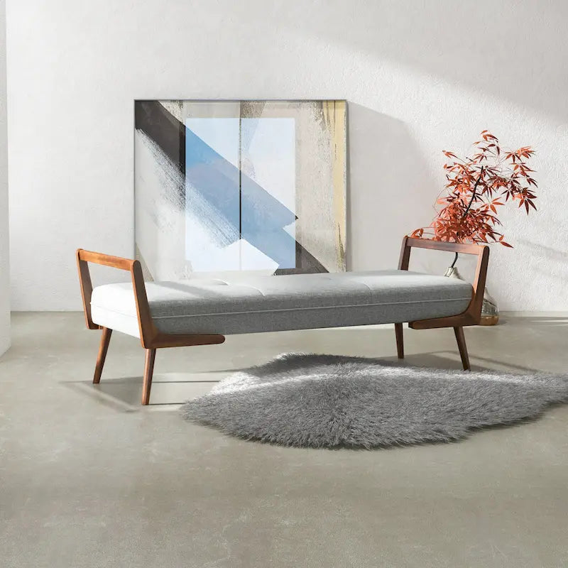 Donatello Mid Century Modern Fabric Upholstered Bench in Grey