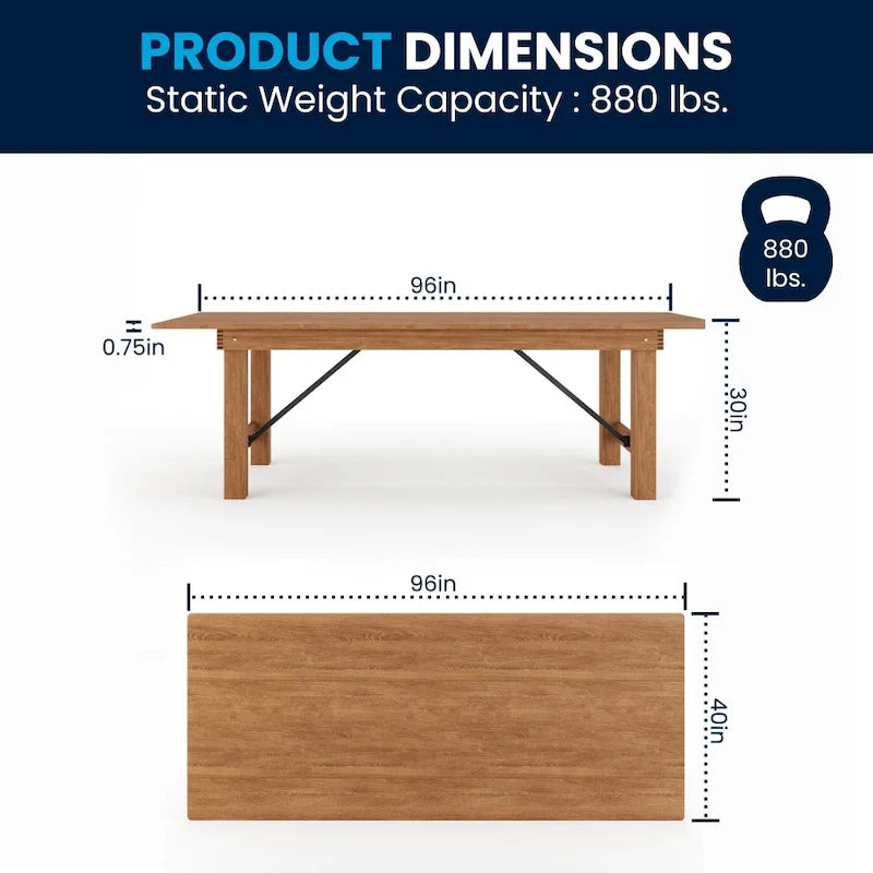 8' x 40 Rectangular Antique Rustic Solid Pine Folding Farm Table - 96D x 40W x 30H