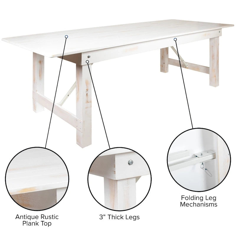 8' x 40 Rectangular Antique Rustic Solid Pine Folding Farm Table - 96D x 40W x 30H
