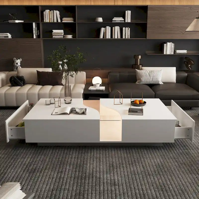 Storage Masterpiece Contemporary White Coffee Table Colorful LED Edge - 55.1W
