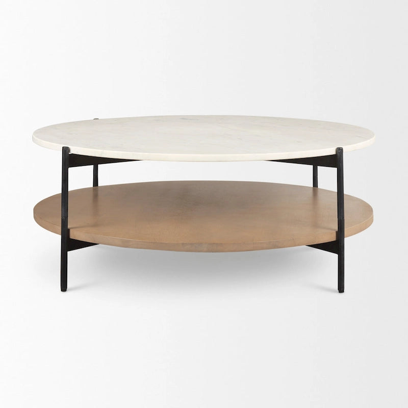 Larkin Two-Tier White Marble Top and Solid Wood Round Coffee Table