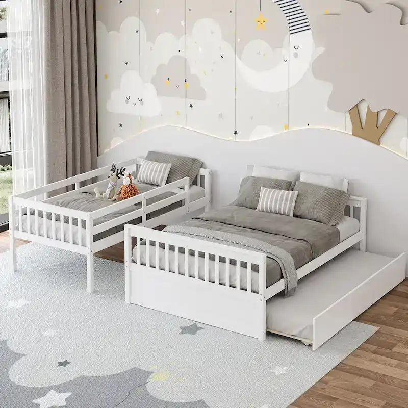 Gymax Etagenbett mit Einzelbett oben und Doppelbett unten, mit ausziehbarem Einzelbett, umbaubare Plattform