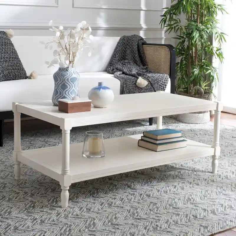 White Painted Wood Coffee Table with Slatted Shelf, 1-Piece