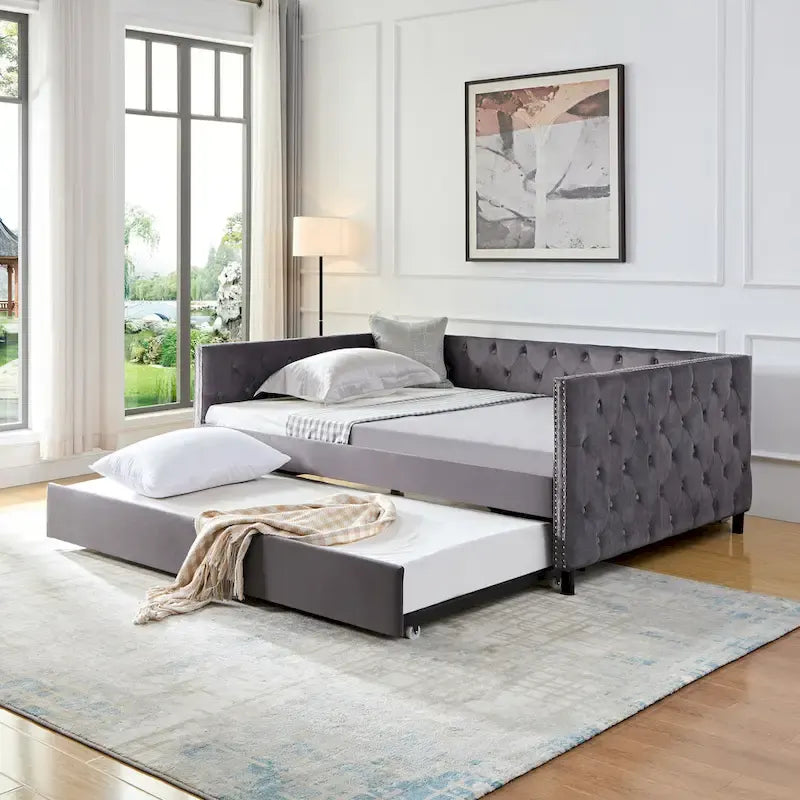 Full Size Velvet Daybed Upholstered Sofa Bed With Wheels, Button And Copper Nail