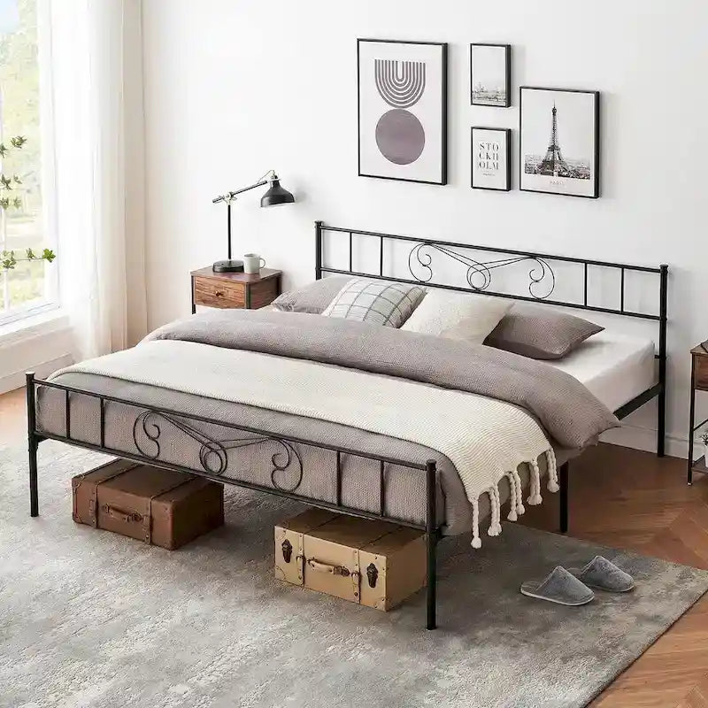 Bed Frame with Storage, with Vintage Pattern Headboard and Footboard, Load Up to 800Lbs