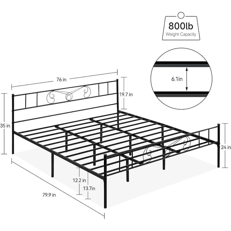 Bed Frame with Storage, with Vintage Pattern Headboard and Footboard, Load Up to 800Lbs