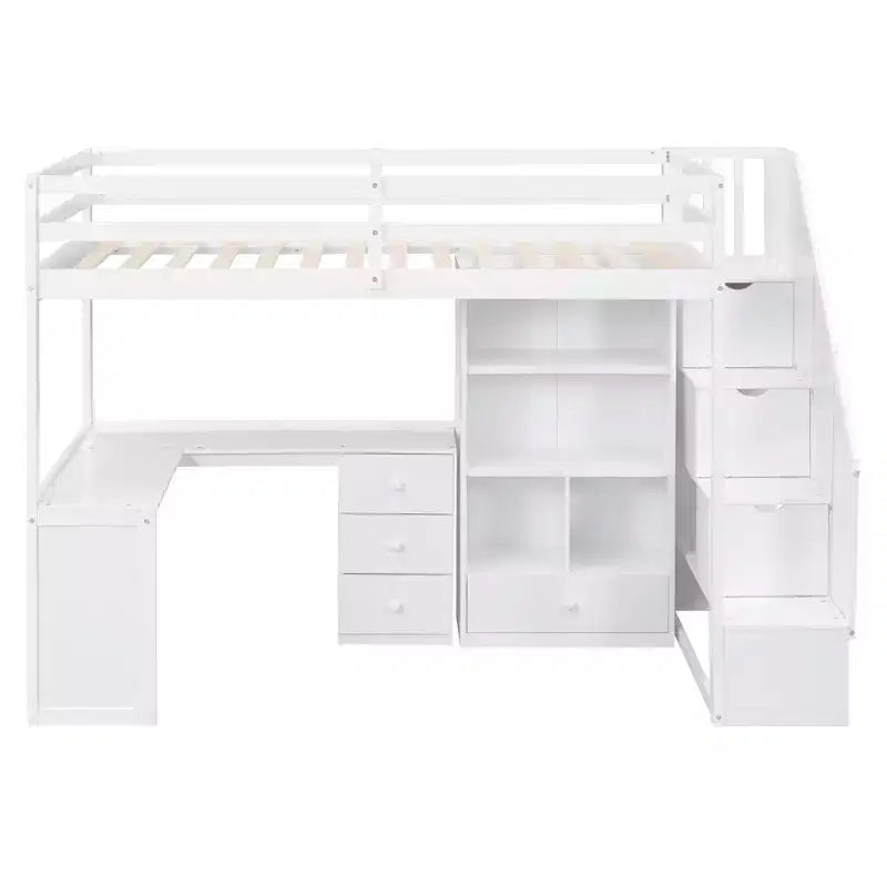 Halfhoogslaper in eenpersoonsmaat met L-vormig bureau, 3 laden, kast, opbergruimte in de trap, frame van massief grenenhout en MDF