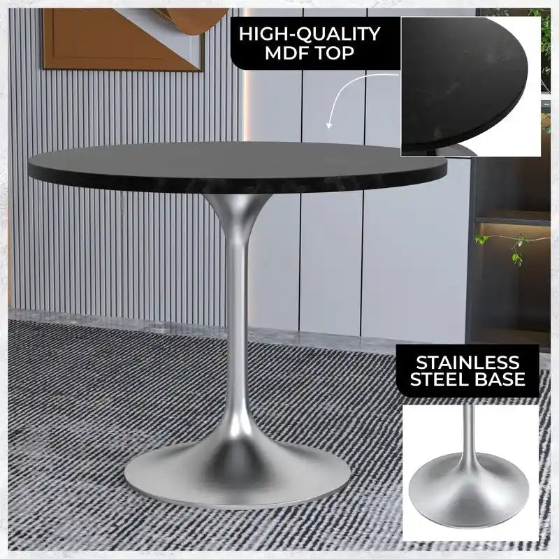 Round Dining Table, MDF Top & Steel Pedestal Base, Seats 2 – Dark Maple / Black / Cognac Brown / Natural