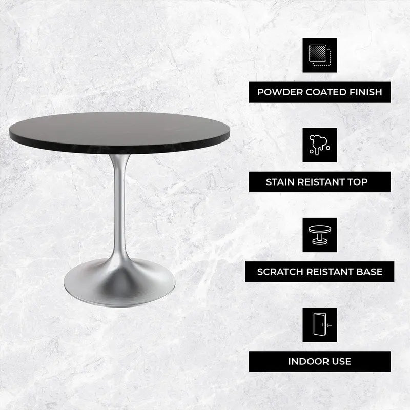 Round Dining Table, MDF Top & Steel Pedestal Base, Seats 2 – Dark Maple / Black / Cognac Brown / Natural
