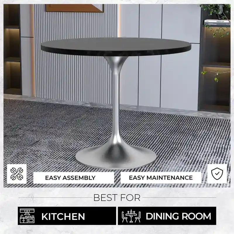 Round Dining Table, MDF Top & Steel Pedestal Base, Seats 2 – Dark Maple / Black / Cognac Brown / Natural