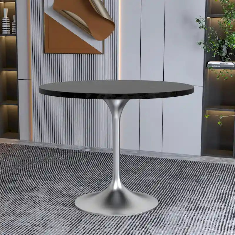 Round Dining Table, MDF Top & Steel Pedestal Base, Seats 2 – Dark Maple / Black / Cognac Brown / Natural