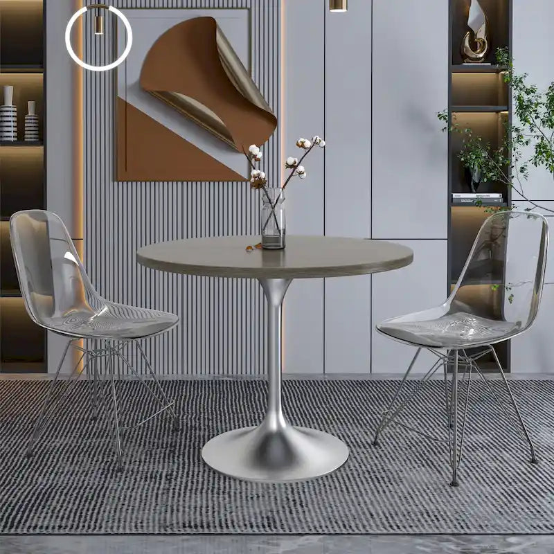 Round Dining Table, MDF Top & Steel Pedestal Base, Seats 2 – Dark Maple / Black / Cognac Brown / Natural