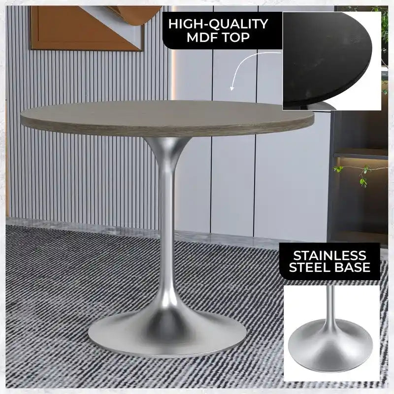 Round Dining Table, MDF Top & Steel Pedestal Base, Seats 2 – Dark Maple / Black / Cognac Brown / Natural