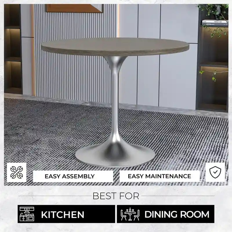 Round Dining Table, MDF Top & Steel Pedestal Base, Seats 2 – Dark Maple / Black / Cognac Brown / Natural