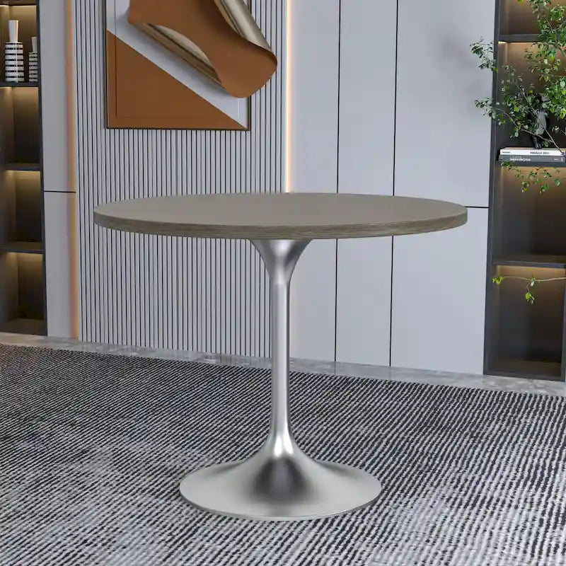 Round Dining Table, MDF Top & Steel Pedestal Base, Seats 2 – Dark Maple / Black / Cognac Brown / Natural
