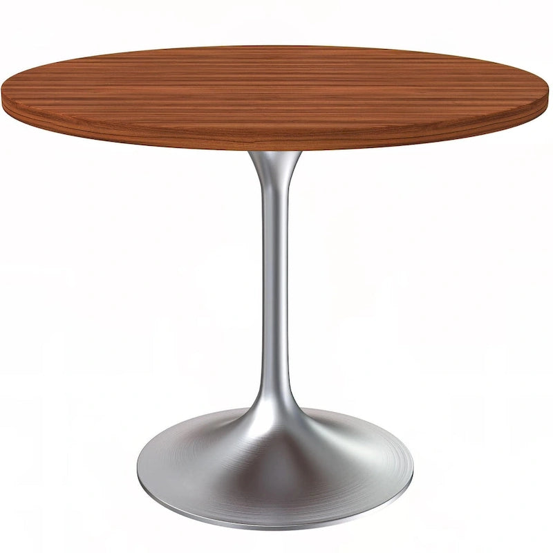 Round Dining Table, MDF Top & Steel Pedestal Base, Seats 2 – Dark Maple / Black / Cognac Brown / Natural