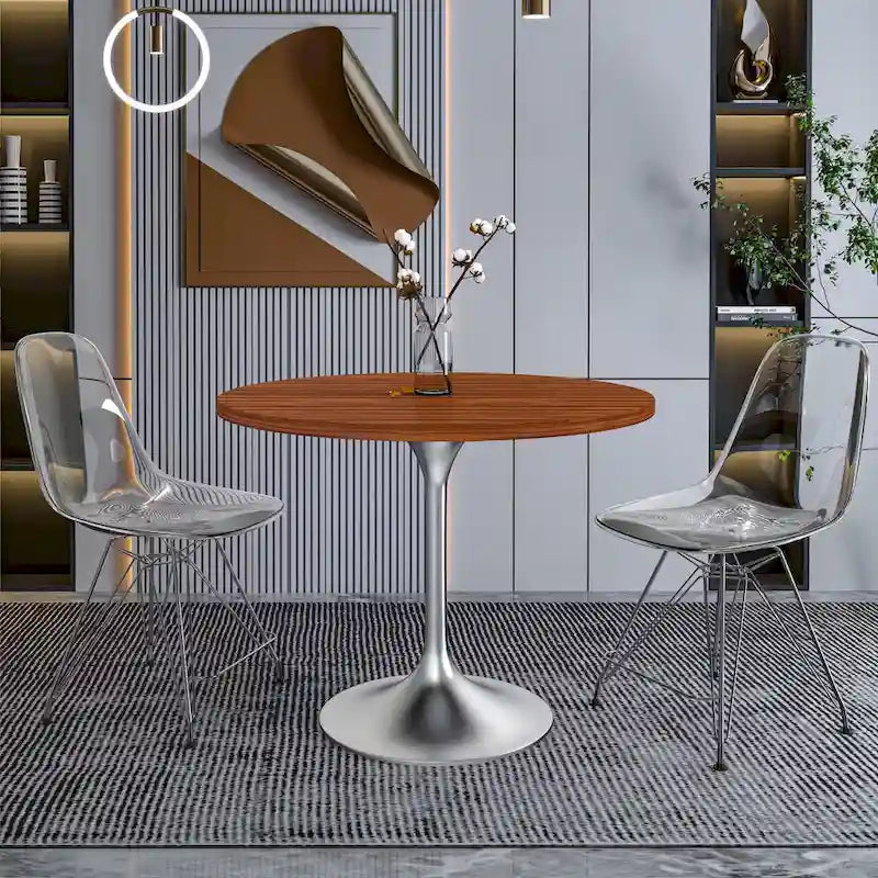 Round Dining Table, MDF Top & Steel Pedestal Base, Seats 2 – Dark Maple / Black / Cognac Brown / Natural