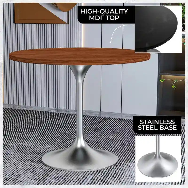 Round Dining Table, MDF Top & Steel Pedestal Base, Seats 2 – Dark Maple / Black / Cognac Brown / Natural