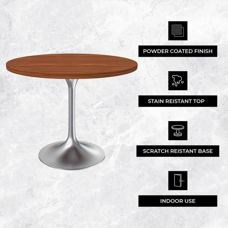 Round Dining Table, MDF Top & Steel Pedestal Base, Seats 2 – Dark Maple / Black / Cognac Brown / Natural
