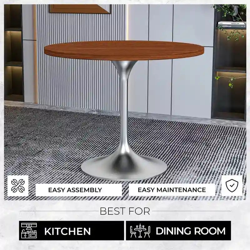 Round Dining Table, MDF Top & Steel Pedestal Base, Seats 2 – Dark Maple / Black / Cognac Brown / Natural
