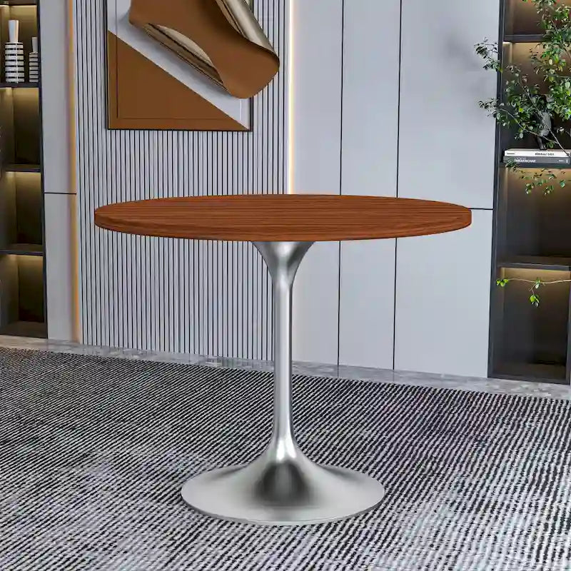 Round Dining Table, MDF Top & Steel Pedestal Base, Seats 2 – Dark Maple / Black / Cognac Brown / Natural
