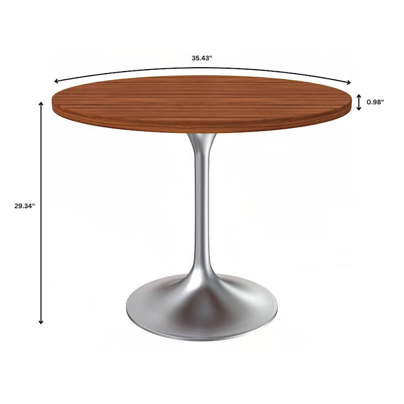 Round Dining Table, MDF Top & Steel Pedestal Base, Seats 2 – Dark Maple / Black / Cognac Brown / Natural