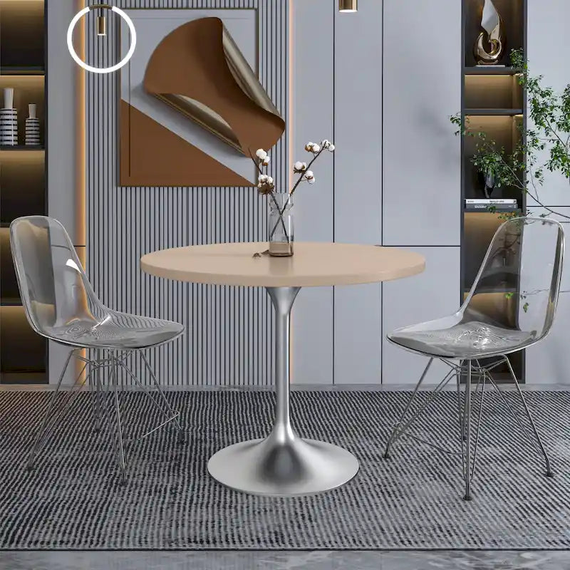 Round Dining Table, MDF Top & Steel Pedestal Base, Seats 2 – Dark Maple / Black / Cognac Brown / Natural