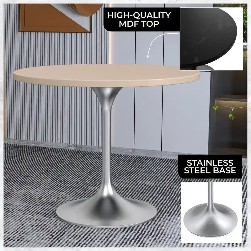 Round Dining Table, MDF Top & Steel Pedestal Base, Seats 2 – Dark Maple / Black / Cognac Brown / Natural