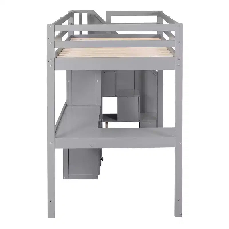 Halfhoogslaper in eenpersoonsmaat met L-vormig bureau, 3 laden, kast, opbergruimte in de trap, frame van massief grenenhout en MDF