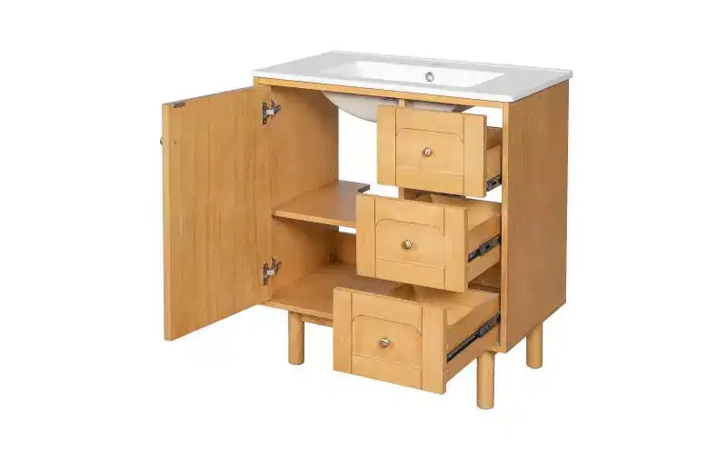 JVNOXK Keramik-Waschtischunterschrank, 30 Zoll, rustikal-modern, mit 3 Schubladen und 1 großen Tür mit Soft-Close-Funktion, Aufbewahrungsschrank, natürliche Holzmaserung