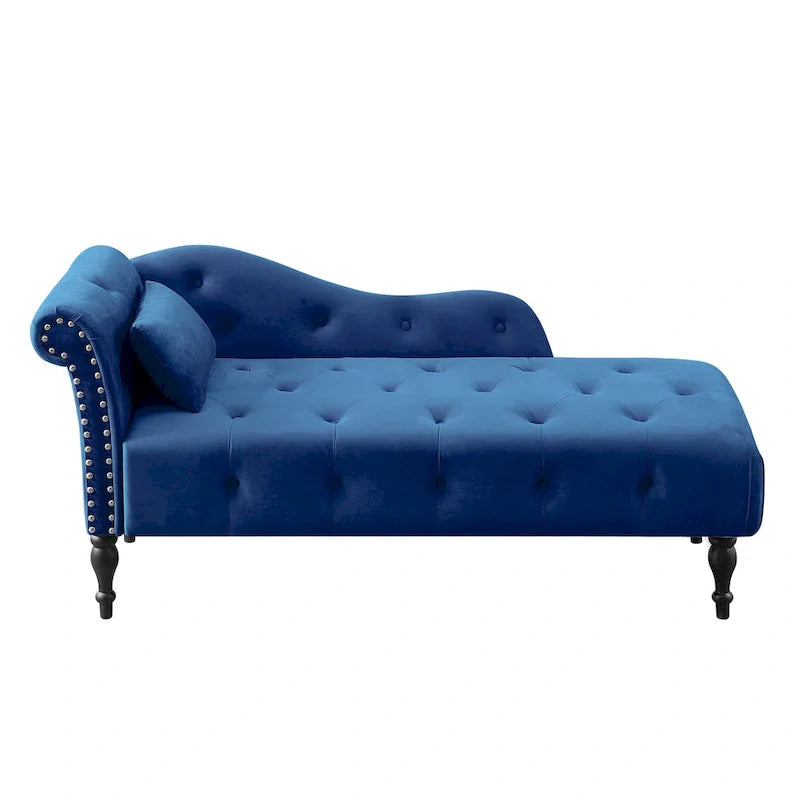 Moderne Chaiselongue, 60.6, mit Samtbezug, Knopfheftung, Beinen aus Massivholz und Ziernägeln