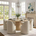 Conjunto de jantar moderno para 6 pessoas, mesa redonda com pé central, cadeiras giratórias tipo barril com rodas, chenille texturizado - Panipeachy