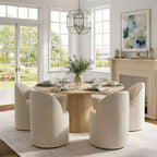 Conjunto de jantar moderno para 6 pessoas, mesa redonda com pé central, cadeiras giratórias tipo barril com rodas, chenille texturizado - Panipeachy