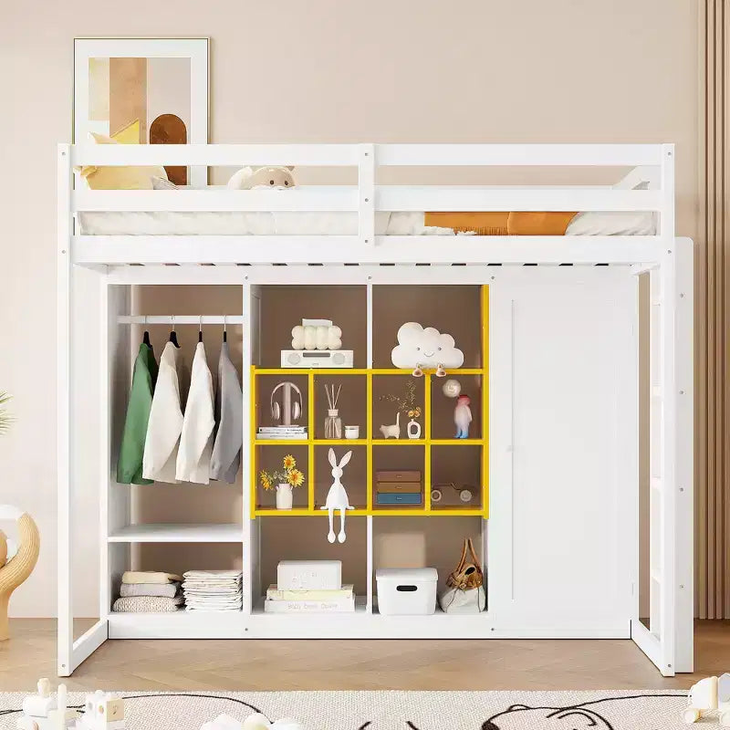 Kinder-Hochbett mit Kleiderschrank und Regalen, Holz-Hochbettrahmen mit Stauraumschrank für Kinder und Jugendliche