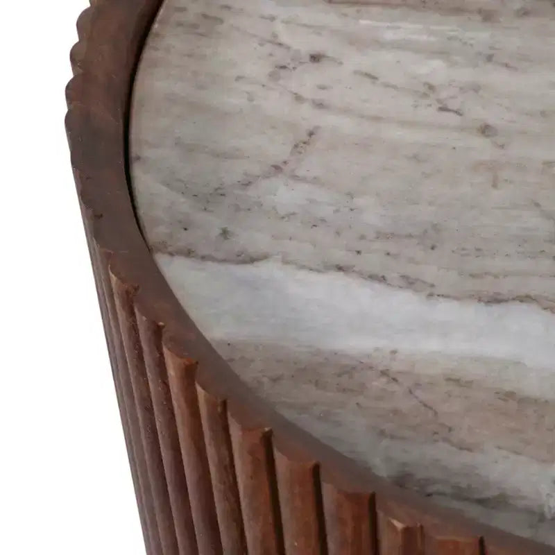 Tavolino laterale decorativo in legno scanalato con piano in marmo e vano contenitore - Piccolo tavolino decorativo per camera da letto o soggiorno