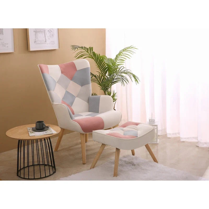 Akzentstuhl mit Hocker, Wohnzimmer-Stuhl- und Hocker-Set, bequemer Beistellsessel für das Schlafzimmer, kreativ zusammengesetzter Stoffbezug