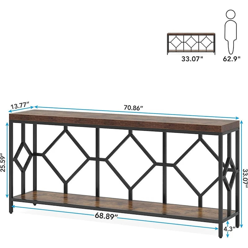70.9 Inch Sofa Console Table with Open Storage Shelf, Industrial Narrow Extra Long Sofa Tables Entry Table Behind Couch Table